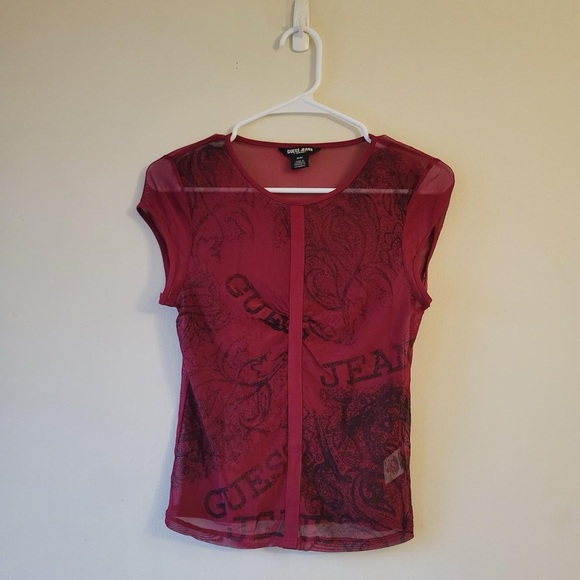 Dark red grunge mesh sheer guess graphic print top - Picture 2 of 5